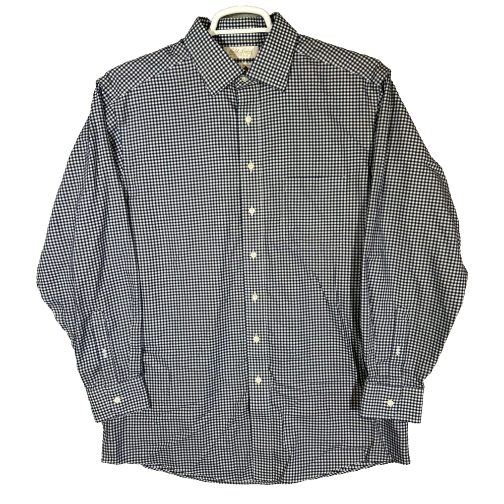 Gold Label Men’s Dress Shirt 16.5×34 Blue Check Fitted 100% Cotton Formal
